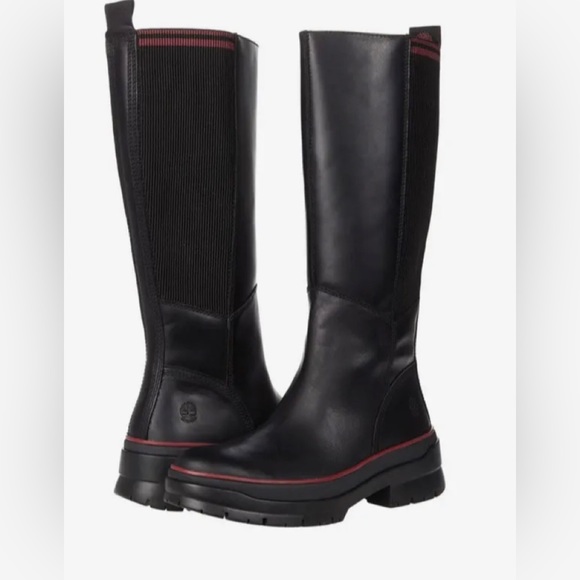 Timberland Tall Boot Waterproof Side Zip Malynn Black Red leather NEW womens 6 - Picture 7 of 10